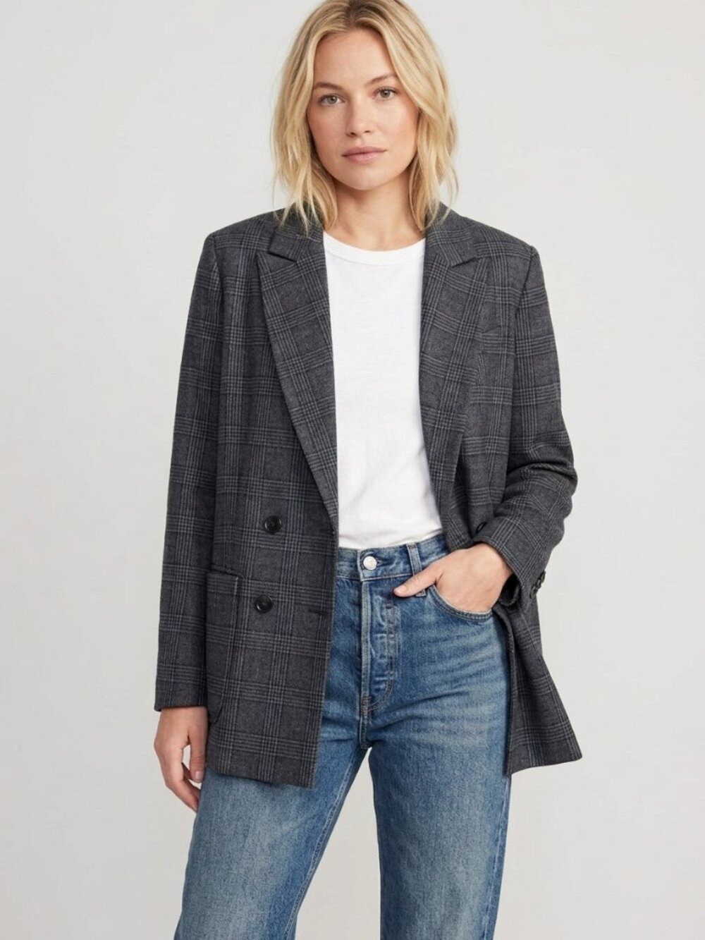 Treasure & Bond Plaid Blazer - Boyfriend -Navy and Gray